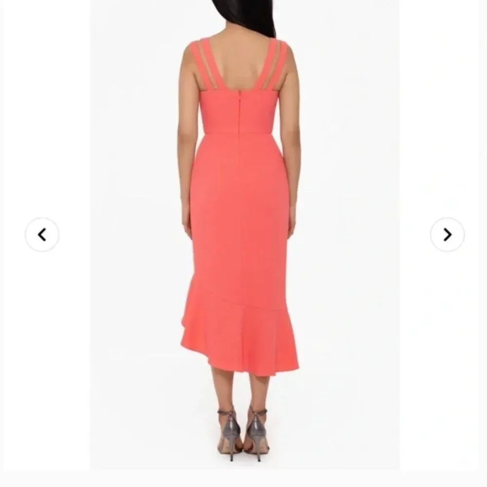 XSCAPE WOMENS 14 Double Strap Crepe Dress Coral HI LOW SLEEVELESS RUFFLE NWT NEW - Picture 2 of 11